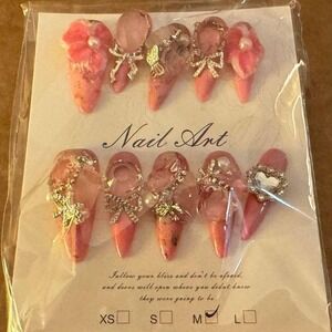 Press On Nails‎ Medium Pink Floral Bow Nail Art Medium Length